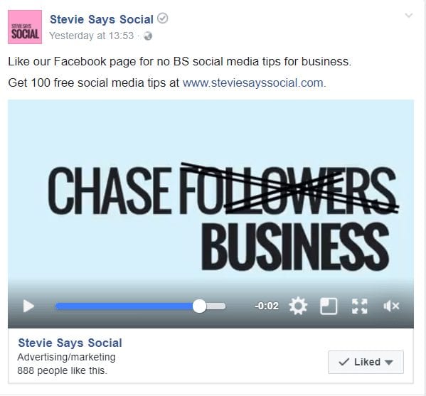 Video ad and which attracted 30 new likes - Stevie Says Social